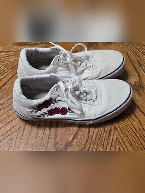 Vans White Canvas Sneakers with Red Rose Embroidery - Women's